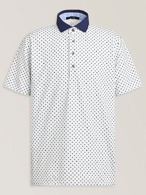 Greyson White Polo with Navy Contrast Collar and Micro Dot Print
